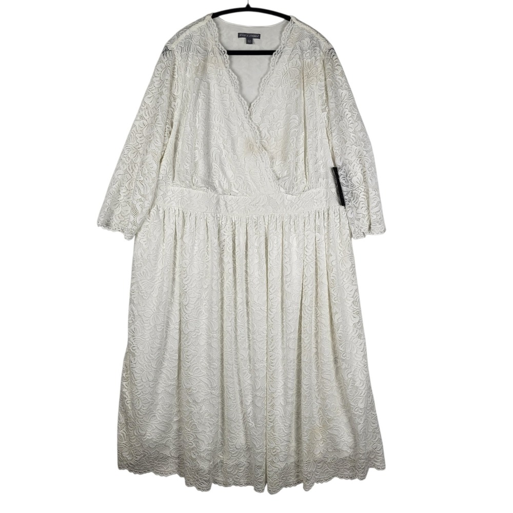 Jessica London White Lace Dress Women's 22W V Neck Stretchy Coastal Cottagecore